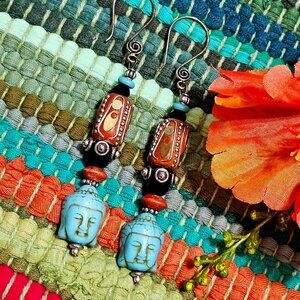 Earrings. Buddha. Turquoise, Russet, Silver, Black. Beaded. Pierced.